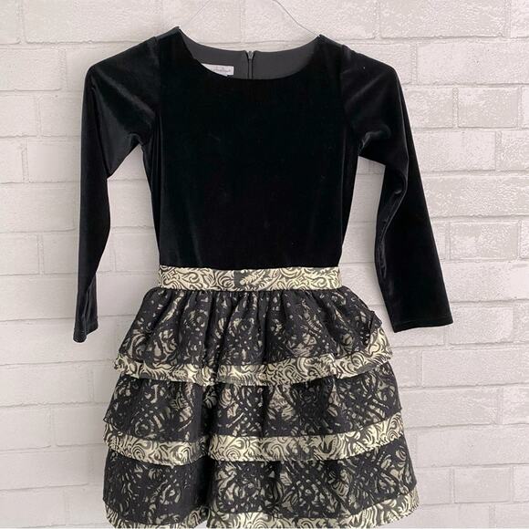 Chasing Fireflies Girls Black Gold Velvet & Lace Tiered Party Dress EUC sz 7 - Picture 2 of 12